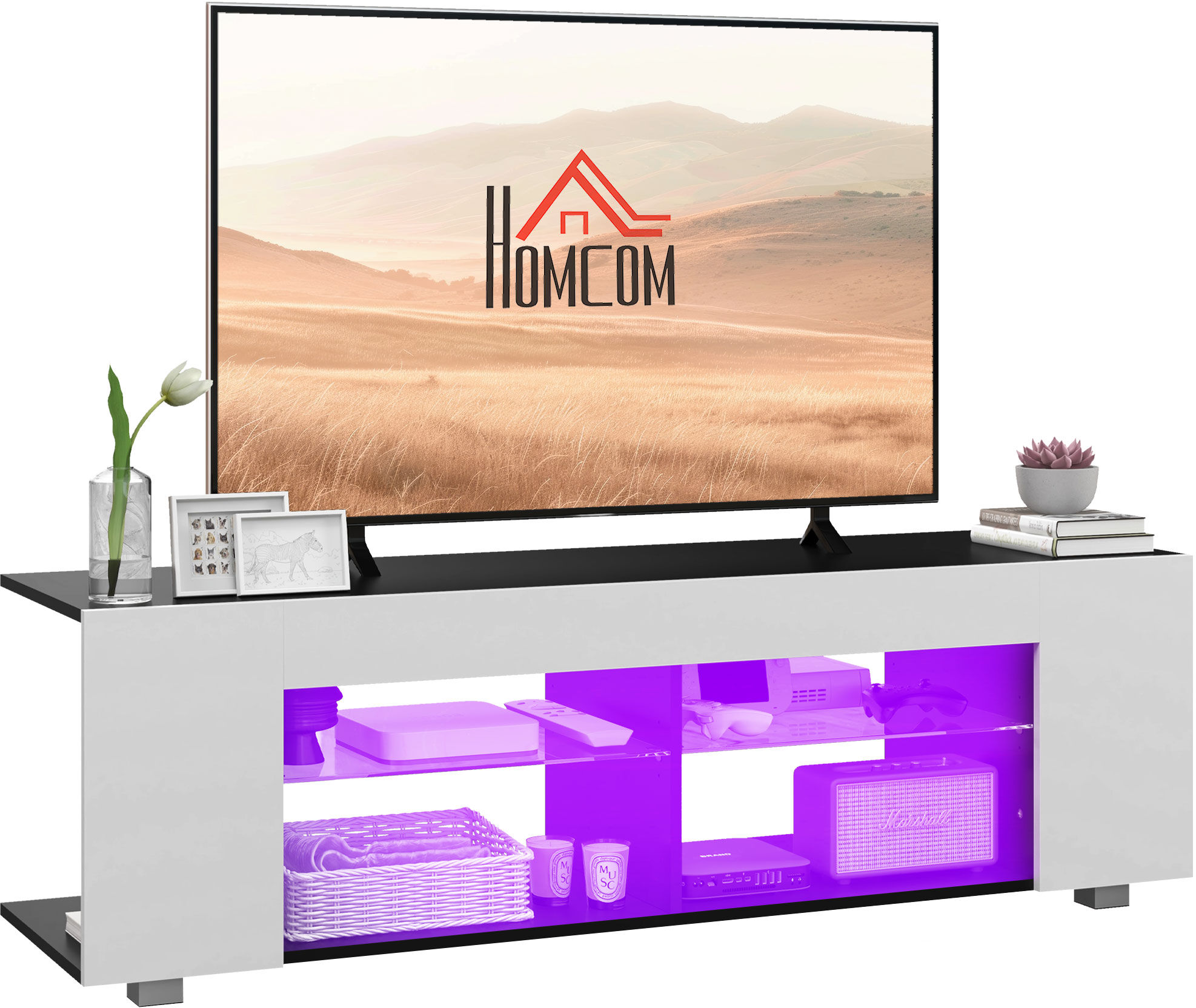 HOMCOM TV Stand, 145cm Modern TV Unit with Glass Shelves, RGB LED Light for 32 40 43 50 52 55 60 inch 4k TV, White