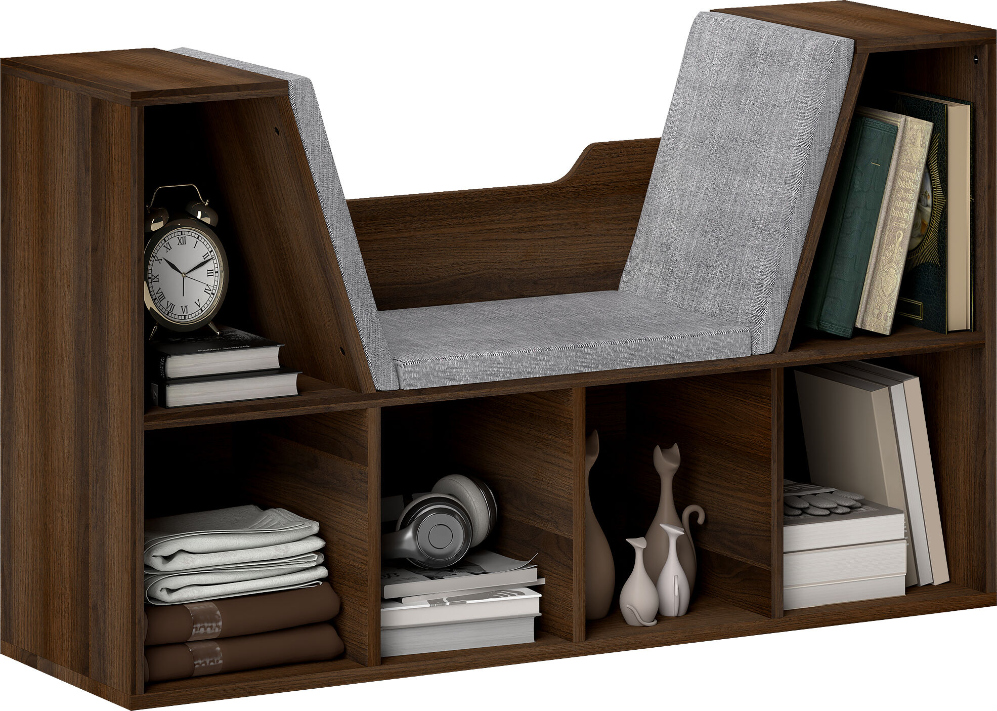 HOMCOM Bookcase Storage Shelf with Cushioned Reading Seat, Cube Bookshelf Organizer for Bedroom Living Room, Chestnut