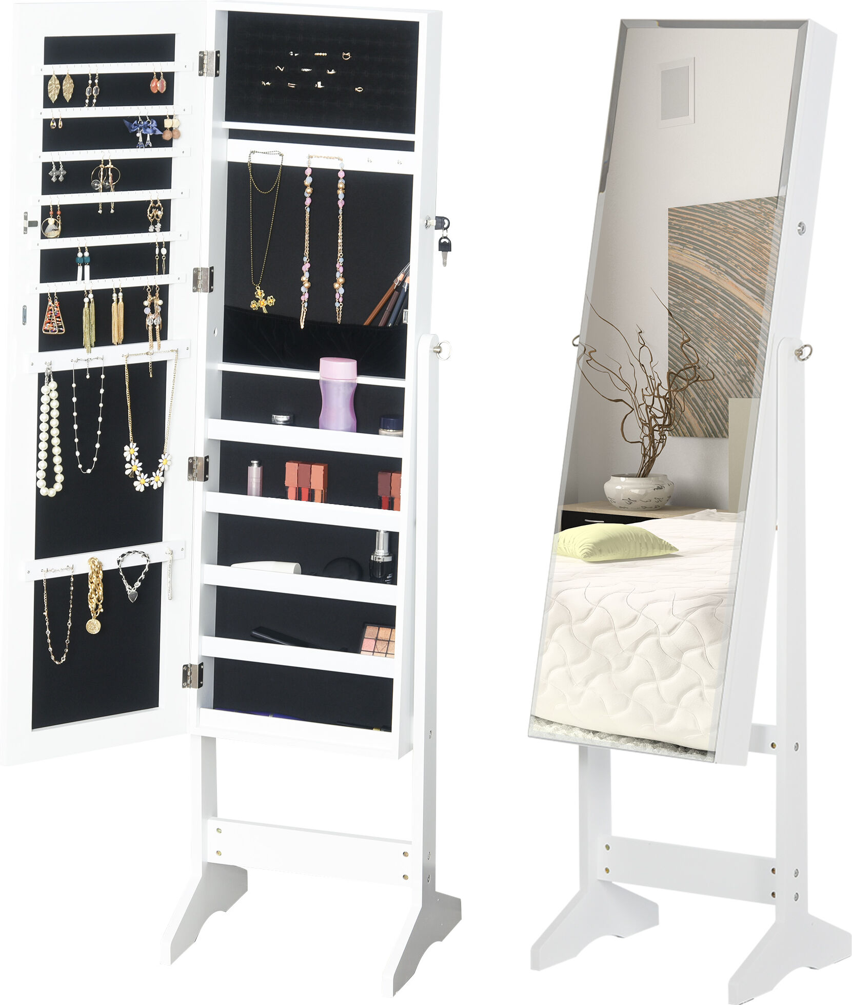 HOMCOM Jewelry Cabinet Standing Mirror Full Length Makeup Lockable Armoire Storage Organizer White Aosom UK
