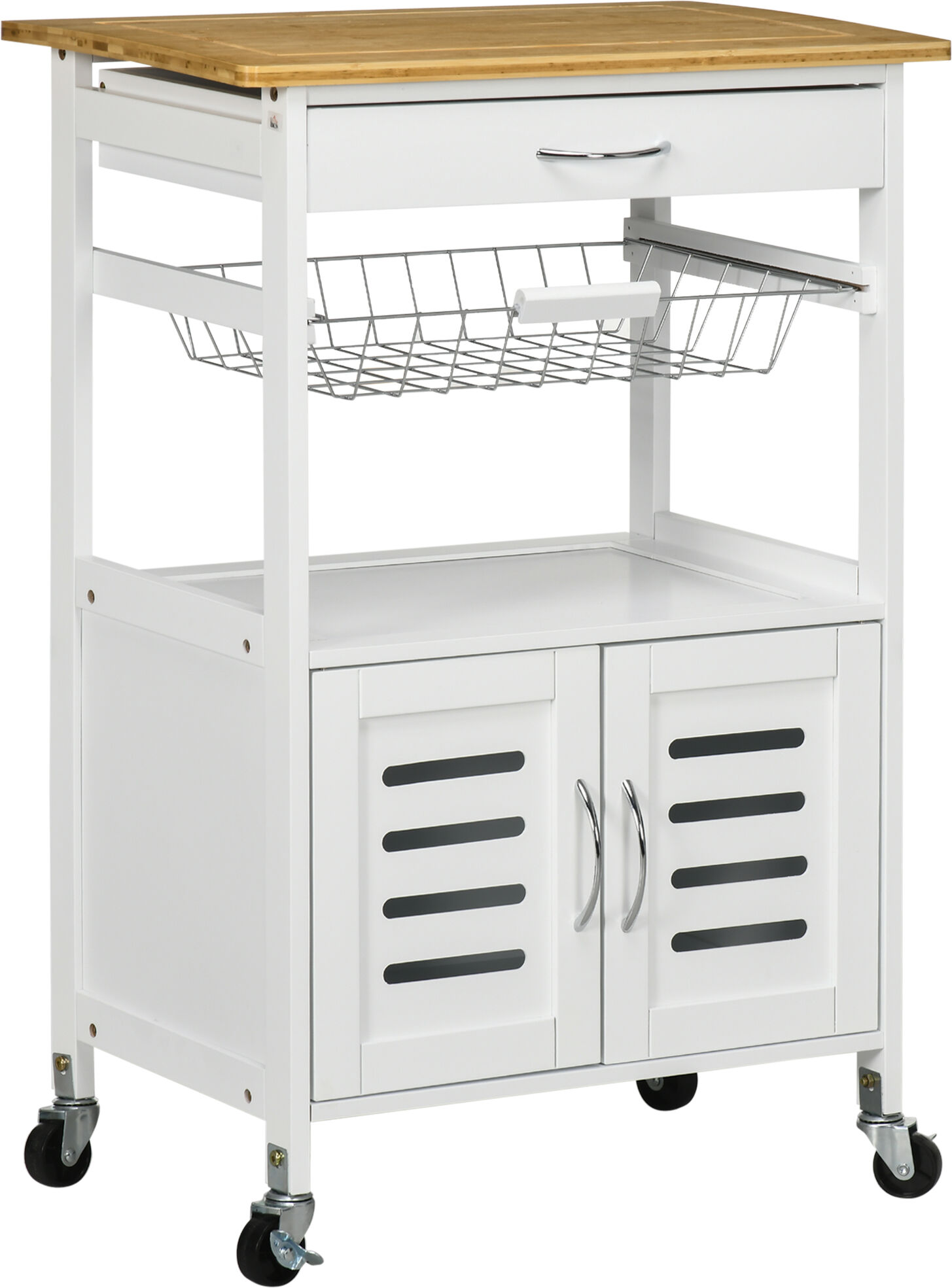 HOMCOM Rolling Kitchen Island Trolley Utility Cart on Wheels with Bamboo Table Top, Storage Cabinet, Drawer and Wire Basket - White