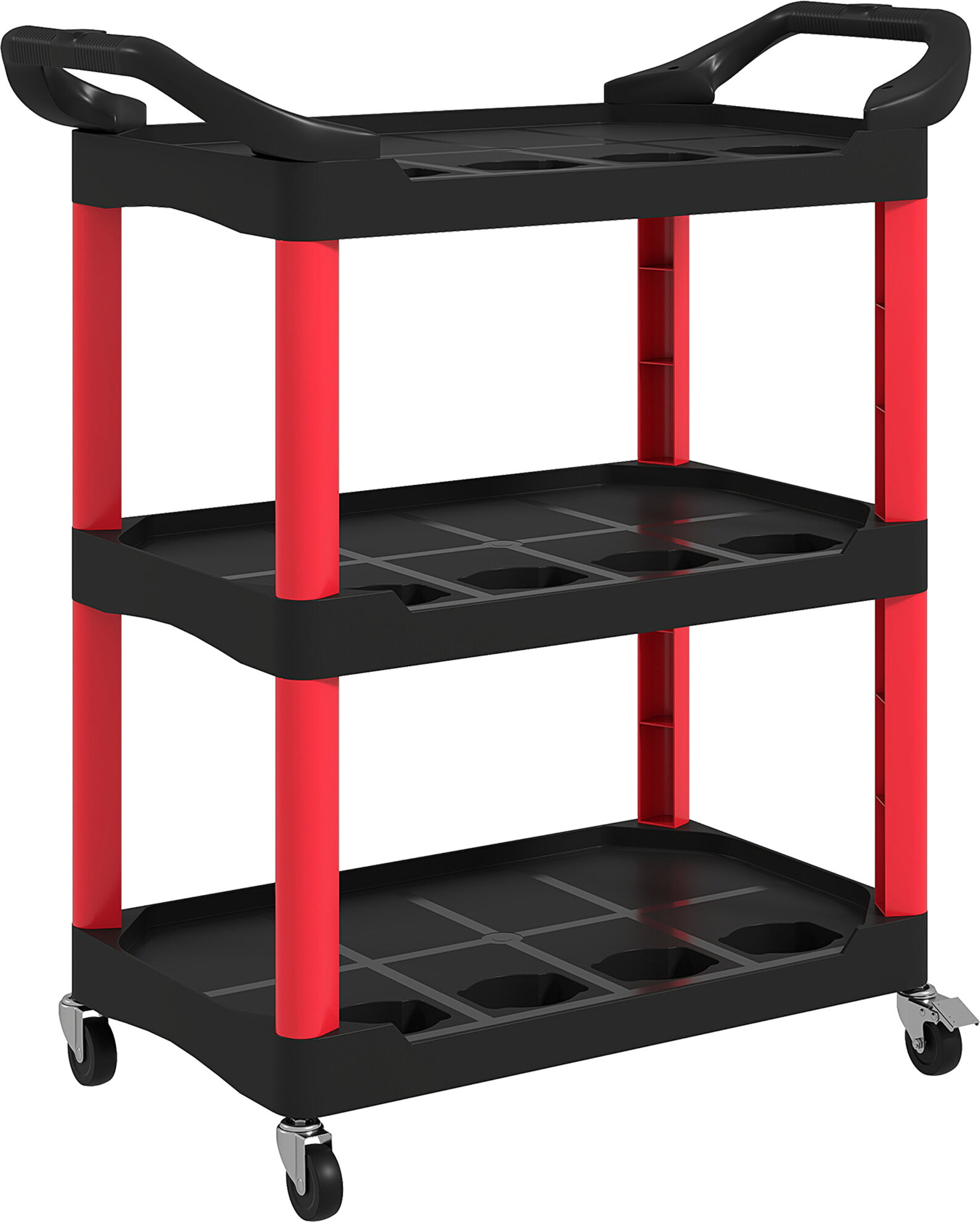 HOMCOM 3-Tier Rolling Tool Cart, Tool Trolley on Wheels, Plastic Mobile Service Utility Cart with Handles for Garage, Mechanics and Warehouse, 91kg Capacity, Black and Red