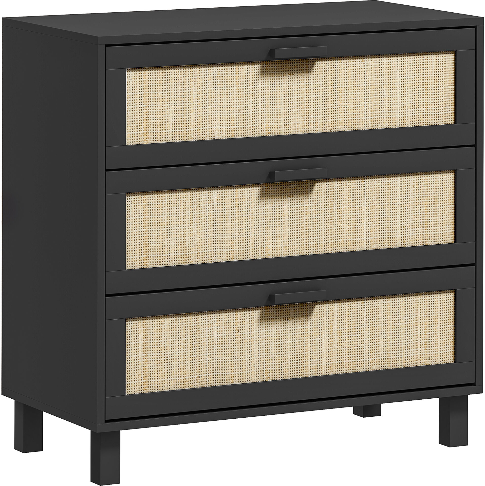 HOMCOM Rattan Bedroom Chest of Drawers, 3 Drawers Storage Unit, Boho Dresser for Living Room, Hallway, Black