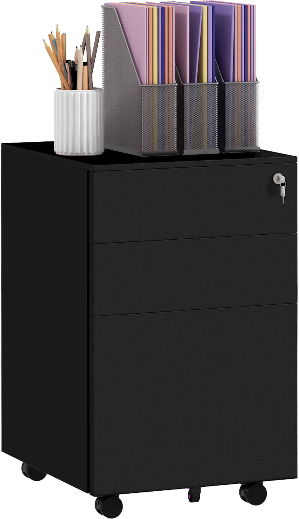Vinsetto 3-Drawer Vertical Filing Cabinet w/ Lock & Pencil Tray, Steel Mobile File Cabinet w/ Adjustable Hanging Bar for A4, Legal Size Aosom UK