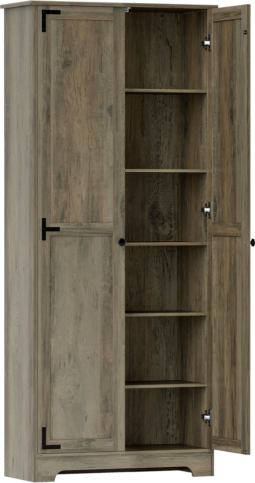 HOMCOM Farmhouse Kitchen Cupboard, Freestanding Kitchen Storage Cabinet with Adjustable Shelves, Tall Storage Cabinet with Recessed Doors, Grey Wood-Effect