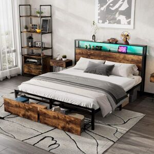 Home Enjoy UK Metal Double Bed with LED Light Strip, 4 Drawers, 3 USB Ports, Ideal for Home and Bedroom Furniture, 207.5x135x105 cm, Black + Dark Walnut Aosom.UK