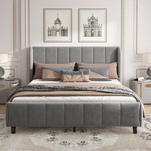 Home Enjoy UK 3FT Double Upholstered Ottoman Bed with Soft Backrest and Vertical Stripe Design, Sofa Bed with Metal Bracket, 202L x 149W x 103H cm, Gray Aosom.UK