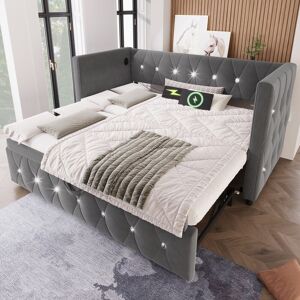 Titbit Upholstered Velvet Daybed with USB and Type C Ports, Pull-Out Trundle, Elegant Single Sofa Bed for Bedroom, 203L x 101-194W x 76H cm, Grey Aosom.UK