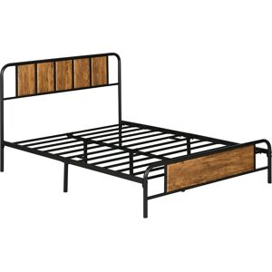 HOMCOM 25.5cm Double Bed Frame, Industrial Bed Base with Headboard, Footboard, Steel Slat Support and Storage, 145 x 199cm, Rustic Brown Aosom UK