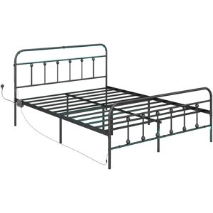 HOMCOM King Bed Frame with LED Lights and Charging Station, Metal Platform Bed Frame with Under Bed Storage, Black