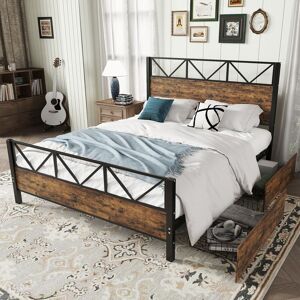 Home Enjoy UK Minimalist Metal Double Bed with 2 Drawers, Sturdy Iron and MDF Frame, Storage Bed for Adults, Teenagers, 198L x 137W x 116H cm, Black+wood Aosom UK