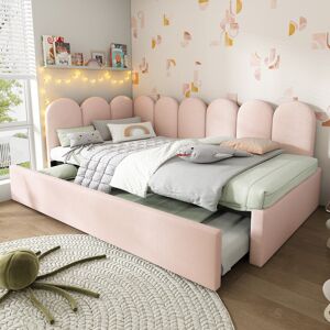 Titbit 3ft Upholstered Daybed with Pull-Out Bed, Velvet Fabric, Easy Installation, Single Sofa Bed with Slatted Frame, 193L x 97W x 76H cm, Pink Aosom UK