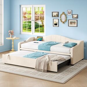 JQ STORE Velvet Upholstered Daybed with USB and Type-C Charging Ports, Convertible Sofa Bed with Pull-Out Trundle, 202L x 193W x 78H cm, Beige Aosom UK