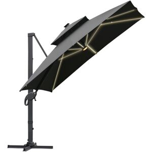 Outsunny 3 x 3(m) Cantilever Roma Parasol Garden Sun Umbrella Outdoor Patio with LED Solar Light Cross Base 360° Rotating for Backyard Dark Gray