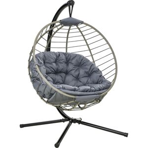 Outsunny Rattan Swing Chair, Outdoor Hanging Chair with Stand, Padded Cushion, Foldable, Cup Holder, Grey