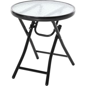 Outsunny Portable Round Garden Table, Folding Table with Glass Top and Safety Buckle, for Patio, Outdoor, Indoor Use, Black