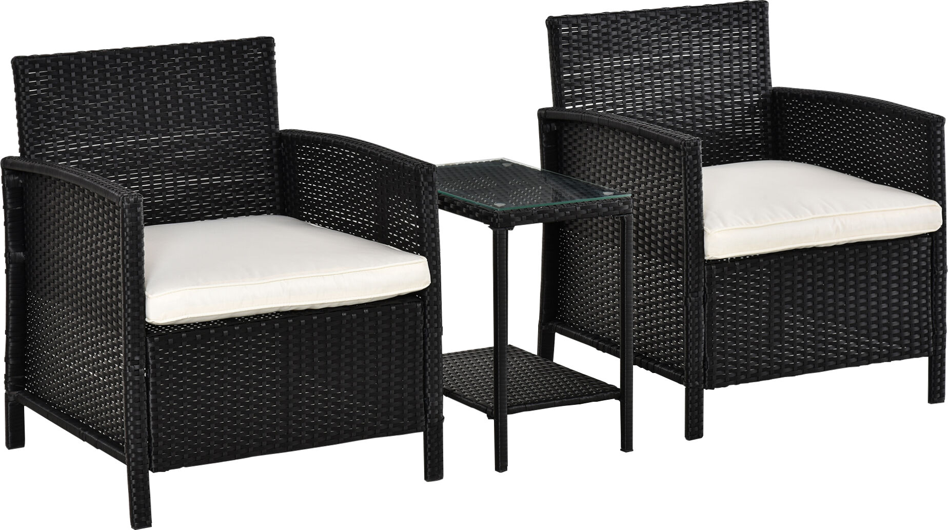 Outsunny Rattan Garden Furniture Outdoor 3 Pieces Patio Bistro Set Jack and Jill Seat Wicker Weave Conservatory Sofa Chair Table Set w/Cushion Black