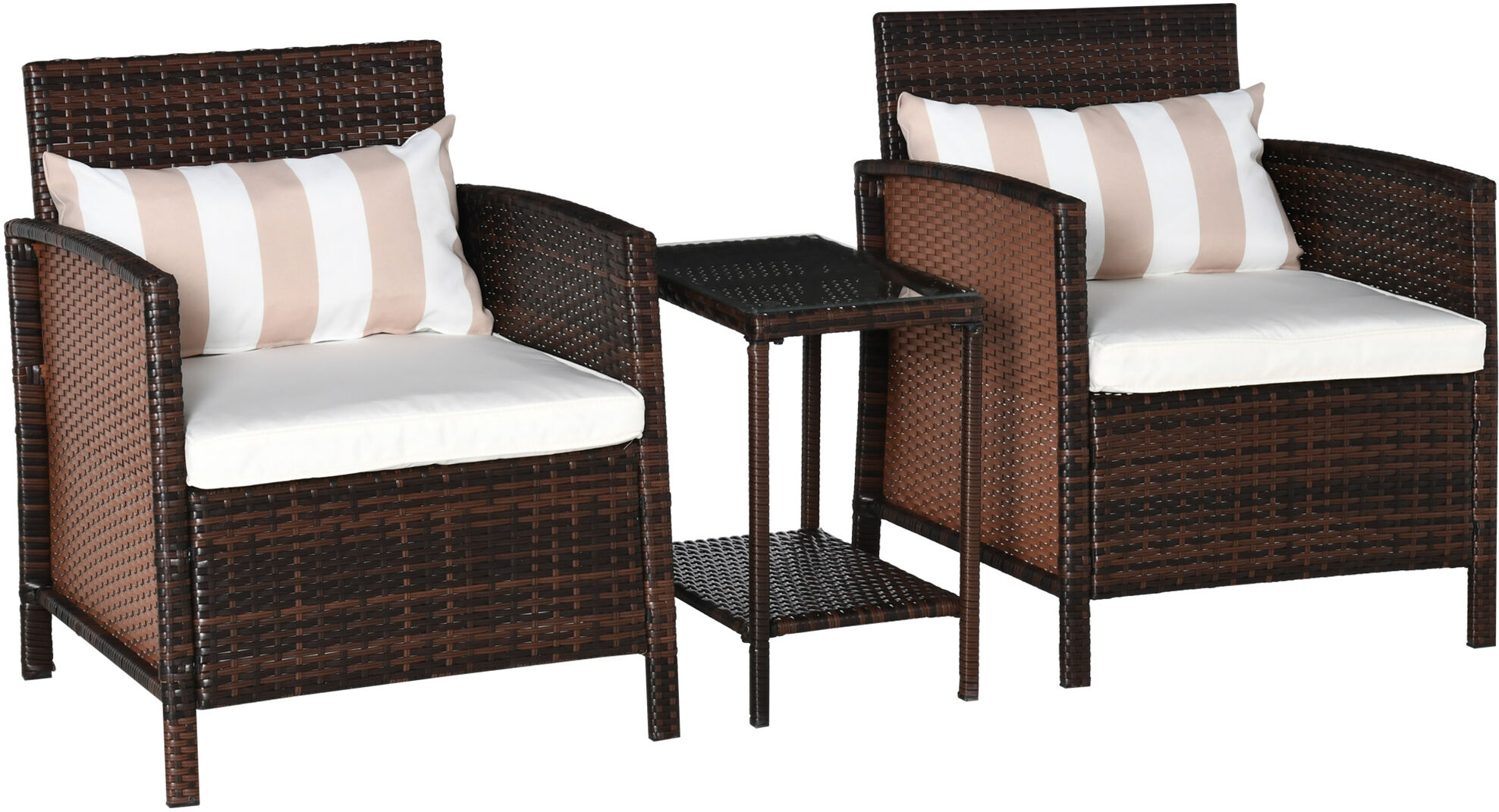 Outsunny Rattan Garden Furniture 3 Pieces Patio Bistro Set Wicker Weave Conservatory Sofa Chair & Table Set with Cushion Pillow - Brown