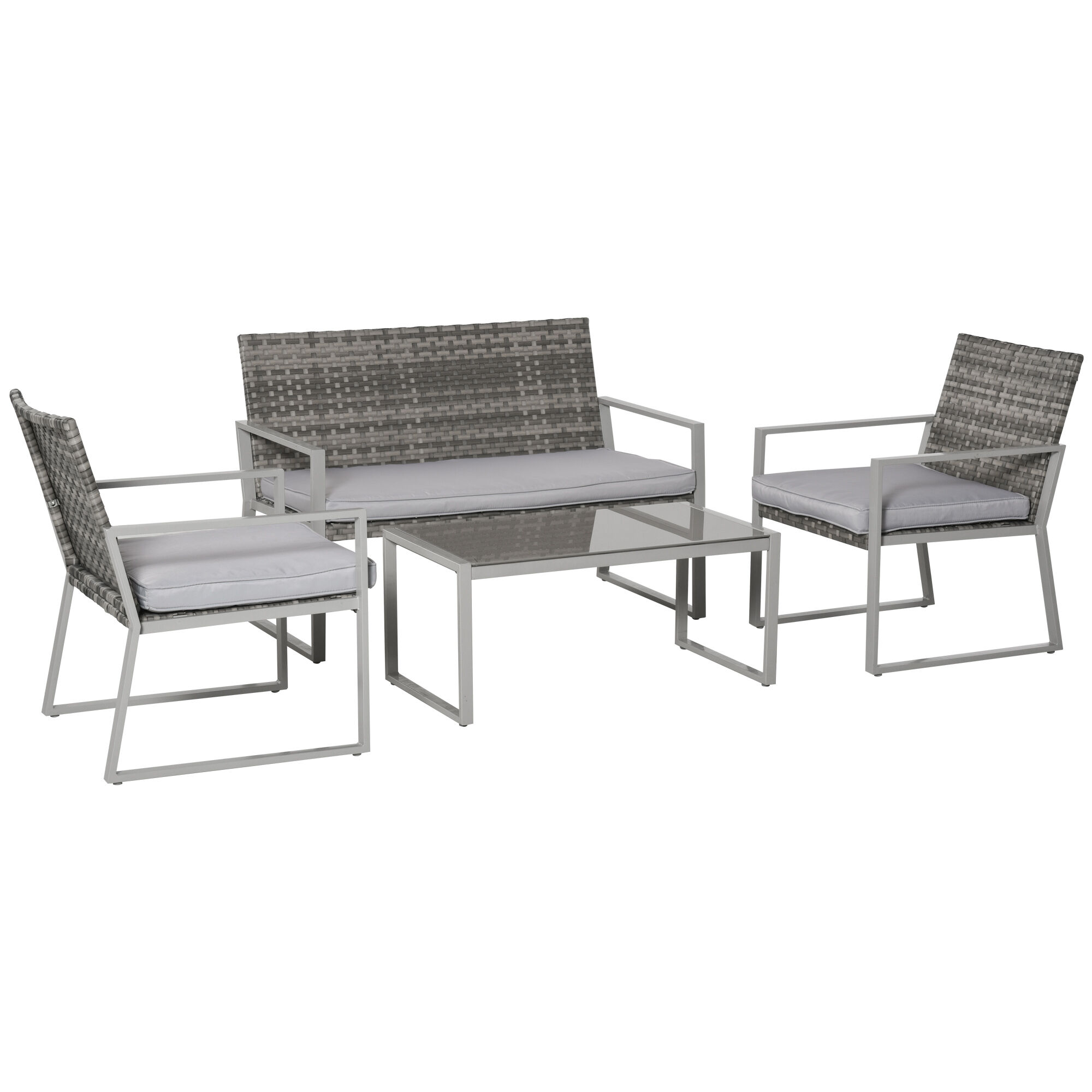 Outsunny Rattan Garden Furniture Set, 4-Seater, 2 Single Sofa Armchairs, 1 Bench, Cushions, Coffee Table, Wicker Weave, Patio Backyard