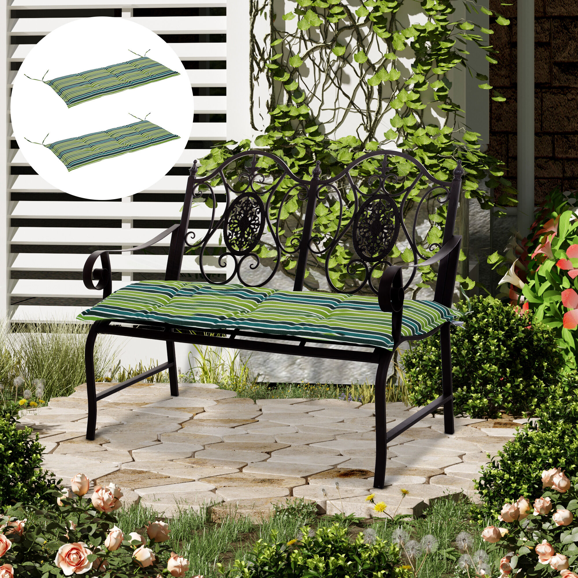 Outsunny Rattan Furniture Cushion Pad Set, Polyester Green Stripes Seat Cushions for Patio Conversation Set, Set of 2.