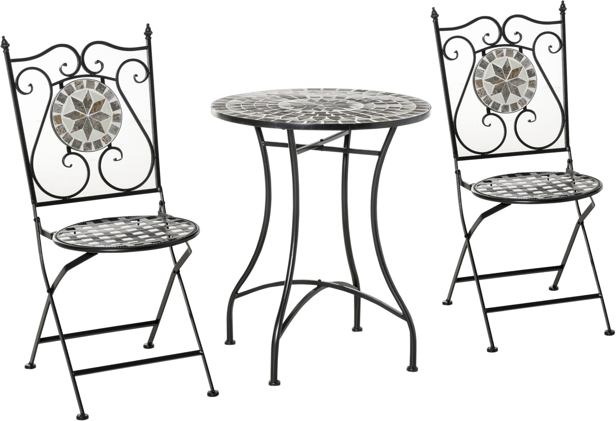 Outsunny 3 Pcs Mosaic Tile Garden Bistro Set Outdoor Seating w/ Table 2 Folding Chairs Set Metal Frame Elegant Scrolling Indoor Patio Balcony