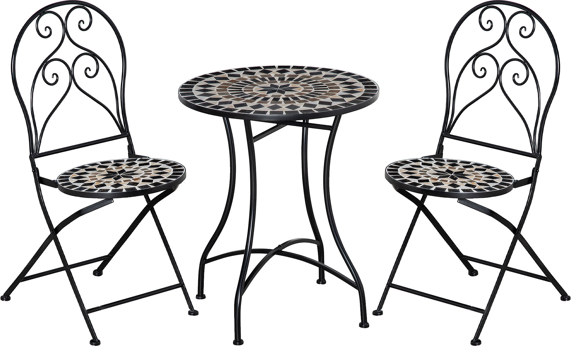 Outsunny 3 Piece Garden Outdoor Bistro Set with Coffee Table and 2 Folding Chairs, Mosaic Tile Top and Seats, Metal Frame, for Patio Balcony