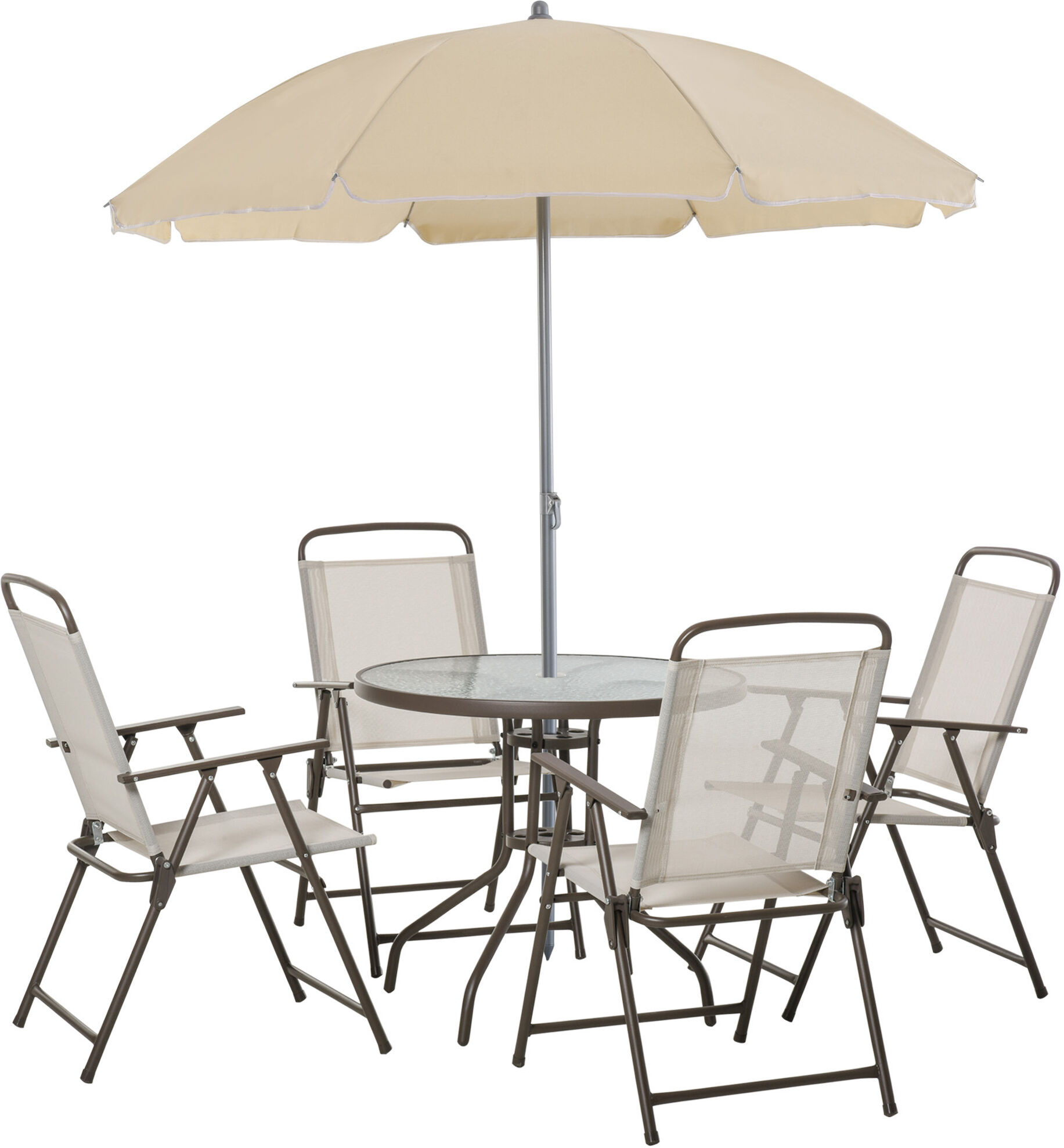 Outsunny Garden Patio Texteline Folding Chairs Plus Table and Parasol Furniture Bistro Set - Beige (6-Piece)