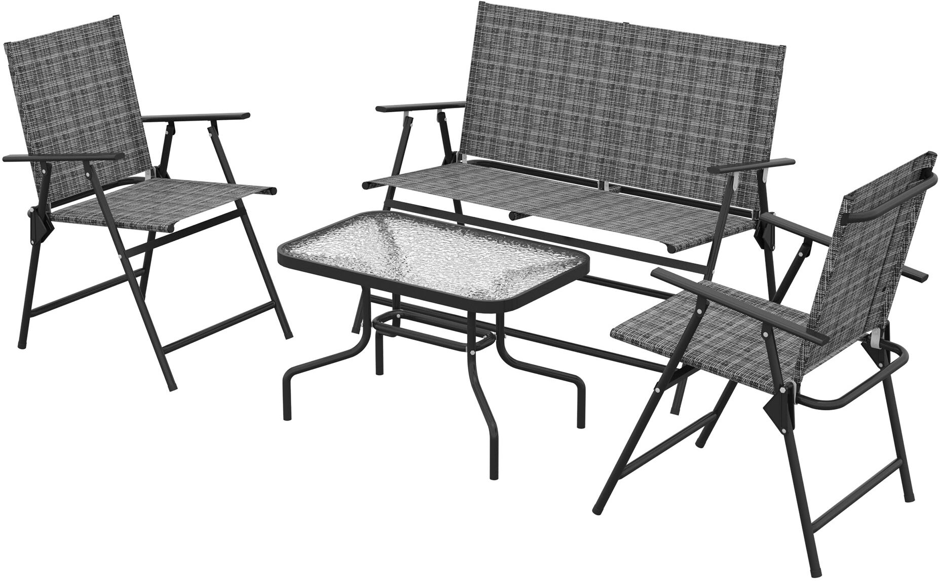 Outsunny 4 Pcs Patio Furniture Set w/ Breathable Mesh Fabric Seat, Backrest, Garden Set w/ Foldable Armchairs, Loveseat, Glass Top Table, Mixed Grey