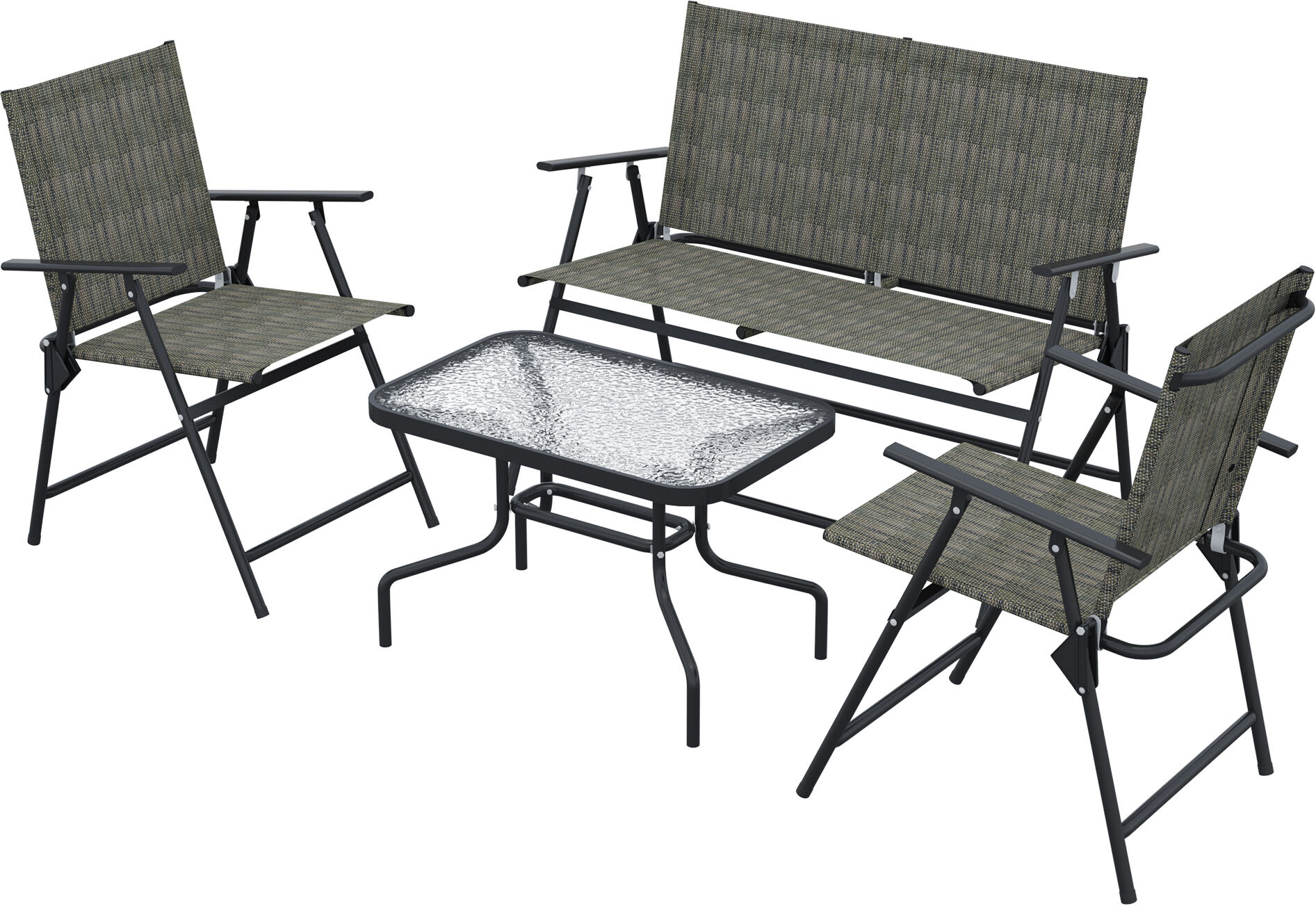 Outsunny 4 Pcs Patio Furniture Set w/ Breathable Mesh Fabric Seat, Backrest, Garden Set w/ Foldable Armchairs, Loveseat, Glass Top Table, Mixed Brown