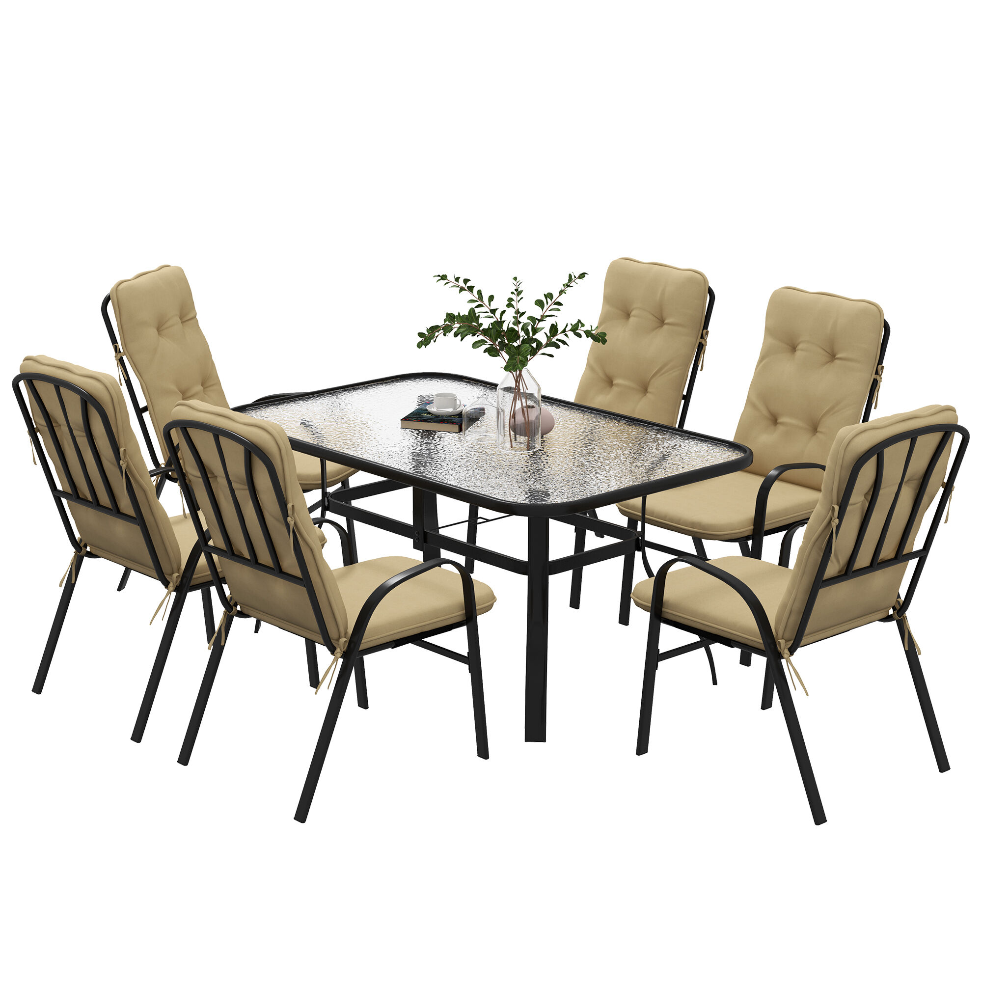 Outsunny 7 Piece Garden Dining Set, Outdoor Dining Table and 6 Cushioned Armchairs, Tempered Glass Top Table w/ Umbrella Hole, Texteline Seats, Beige