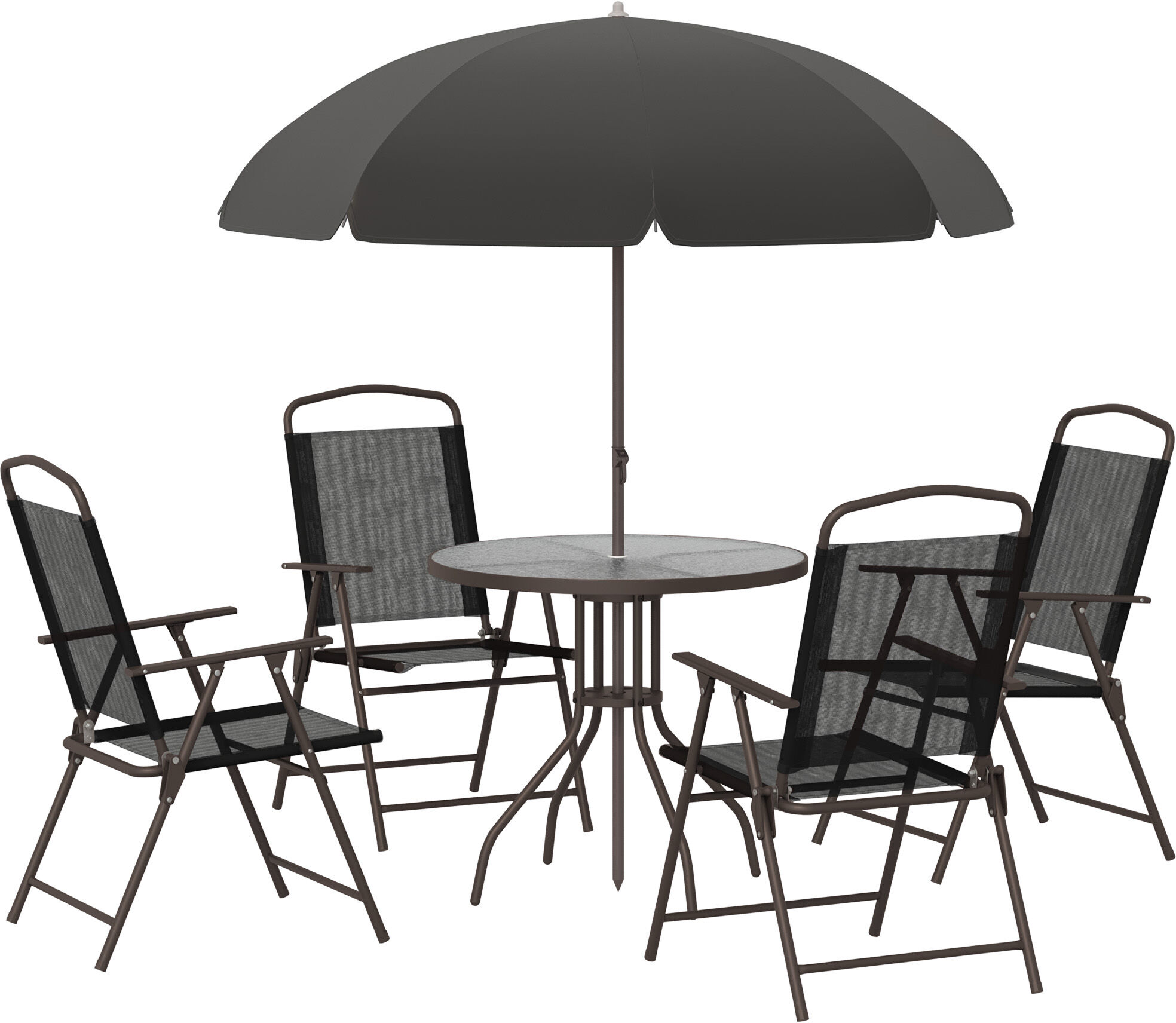 Outsunny 6 PCs Garden Patio Furniture Set Bistro Set Texteline Folding Chairs +Table +Parasol (Black)