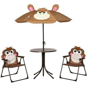 Outsunny Kids Picnic & Table Chair set, Outdoor Folding Garden Furniture w/ Monkey Design, Removable, Adjustable Sun Umbrella, Ages 3-6 Years - Brown