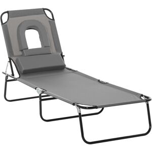 Outsunny Sun Lounger Foldable Reclining Chair with Pillow and Reading Hole Garden Beach Outdoor Recliner Adjustable Grey