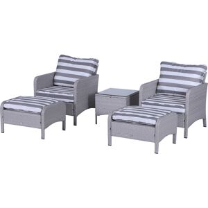 Outsunny 2 Seater PE Rattan Garden Furniture Set, 2 Armchairs 2 Stools Glass Top Table Cushions Wicker Weave Chairs Outdoor Seating - Grey