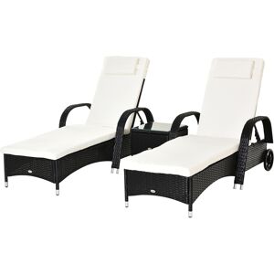 Outsunny 3 Pieces Patio Lounge Chair Set Garden Wicker Wheeling Recliner Outdoor Daybed, PE Rattan Lounge Chairs w/ Cushions & Side Coffee Table Black