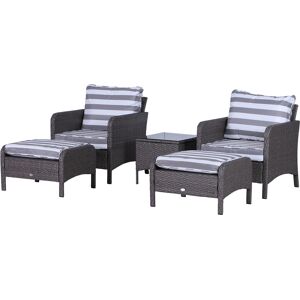 Outsunny Rattan Garden Furniture Set, 2 Seater with Armchairs, Stools, Glass Top Table, Cushions, Wicker Weave Chairs, Outdoor Seating