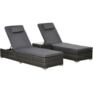 Outsunny 3 Pieces Patio PE Rattan Sun Lounger Set, Adjustable Outdoor Half-Round Wicker Aluminium Recliner Bed w/ Side Table Set, Headrest & Cushions