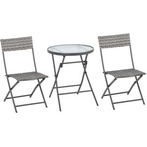 Outsunny 2 Seater Rattan Bistro Set Outdoor Foldable Wicker Conversation Balcony Furniture Set for Outdoor Yard Porch Poolside Lawn Balcony Grey