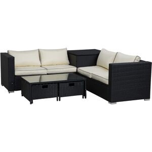 Outsunny 4-Seater Rattan Garden Furniture Patio Sofa Storage & Table Set w/ Coffee Table & Corner Sofa - Black