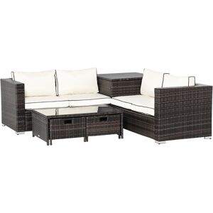 Outsunny 4-Seater Rattan Garden Furniture Patio Sofa Set Storage & Table Set w/ 2 Drawers Coffee Table & Corner Sofa, Brown