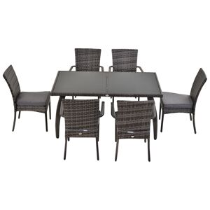 Outsunny 6-Seater Garden Dining Set Steel Frame PE Rattan Wicker w/ 6 Chairs Large Table Glass Top Curved Legs Feet Pads Thick Cushions Suitable Grey