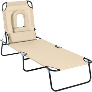 Outsunny Folding Sun Lounger with Pillow & Reading Hole, Adjustable Reclining Chair for Garden Beach, Beige