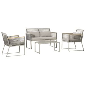 Outsunny 4-Seater Patio Wicker Sofa Set, Outdoor Metal Frame Wrapped Round PE Rattan Conservatory Furniture w/ Cushions, Tempered Glass Table, Grey