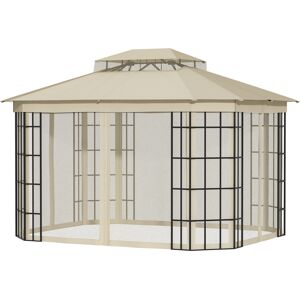 Outsunny 3.7 x 3(m) Patio Gazebo Canopy Garden Tent Shelter with 2 Tiers Roof and Mosquito Netting, Metal Frame, Beige