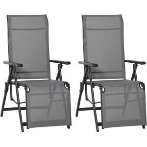 Outsunny Set of 2 Outdoor Sun Lounger Adjustable Folding Steel Chaise Reclining Lounge Chairs with 10 Back and Leg Positions, Grey