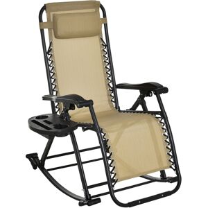 Outsunny Garden Rocking Chair Folding Recliner Outdoor Adjustable Sun Lounger Rocker Zero-Gravity Seat with Headrest Side Holder Patio Deck - Beige