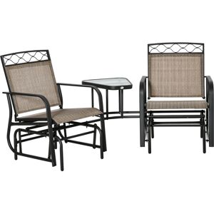 Outsunny Double Outdoor Glider Chair, 2 Seater Patio Rocking Chairs, Swing Bench w/ Tempered Glass Table, Mesh Fabric for Backyard, Garden, Brown