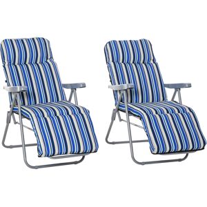 Outsunny Set of 2 Garden Sun Lounger Outdoor Reclining Seat Cushioned Seat Foldable Adjustable Recliner Blue and White