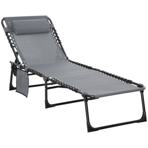 Outsunny Folding Sun Lounger, Reclining Camping Bed with 5-Position Adjustable Backrest, Pillow, Grey