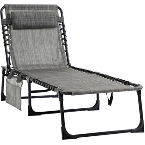 Outsunny Folding Sun Lounger, Portable Reclining Camping Bed with 5-Position Adjustable Backrest, Pillow Included, Mixed Grey