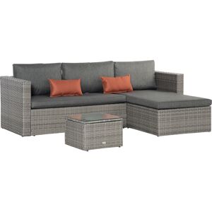 Outsunny PE Rattan Sofa Set Rattan Corner Sofa, 3 Pieces Outdoor Patio Wicker Conversation Chaise Lounge w/ Tempered Glass Table-top & Cushion Grey